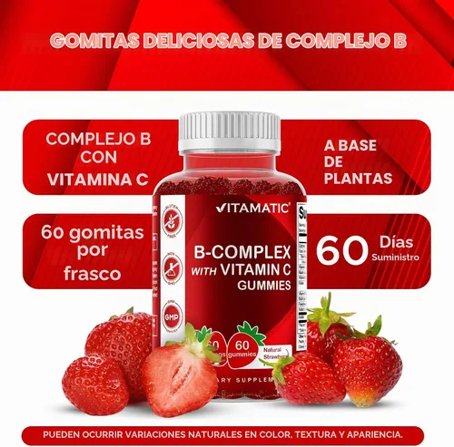 Vista 4 de Gomitas de complejo de vitamina B Vitamatic con vitamina C e inositol - Sabor natural a fresa - 60 gomitas (1 botella)