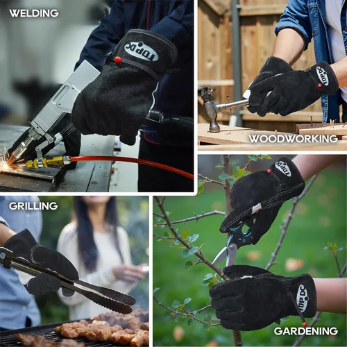 Vista 5 de TOPDC Guantes de trabajo de cuero para hombres o mujeres, guantes de cuero de piel de vaca para jardinería, soldadura TIG/MIG, motosierra, granja