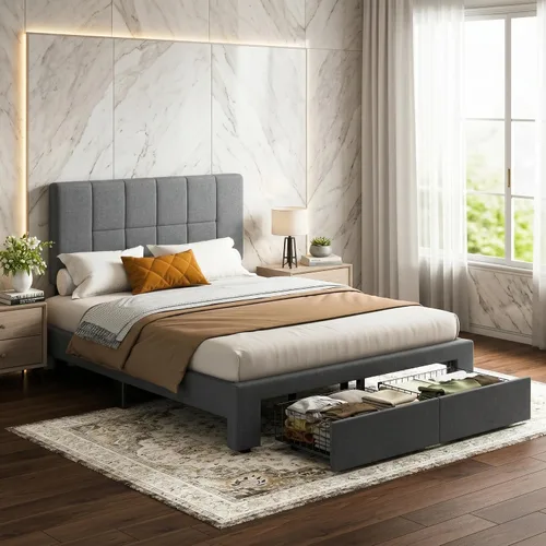 Vista 3 de Marsail Base de cama tapizada de tamaño matrimonial con 2 cajones de almacenamiento, cabecera ajustable, se adapta a colchones de 6 a 12 pulgadas