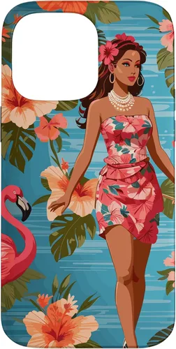 Vista 21 de iPhone 12 Pro Max Vintage Tiki Design - Funda hawaiana retro de flores hula y flamencos