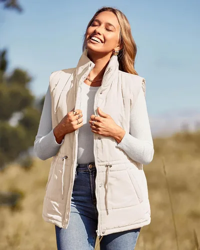 Vista 2 de BTFBM Chaleco casual para mujer, con botones, con cremallera, acolchado, con cordón, sin mangas, con bolsillos