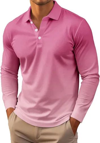 Vista 14 de Polo degradado para hombre, manga larga, con botones, cuello ligero, para golf y tenis