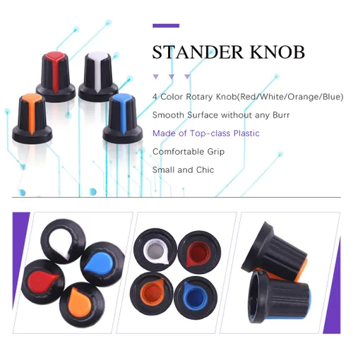 Vista 5 de Swpeet 75pcs B5K 10K 20K 50K 100K Ohm eje moleteado lineal rotatorio potenciómetro cónico con 5 tipos diferentes de perilla (WH148) Kit