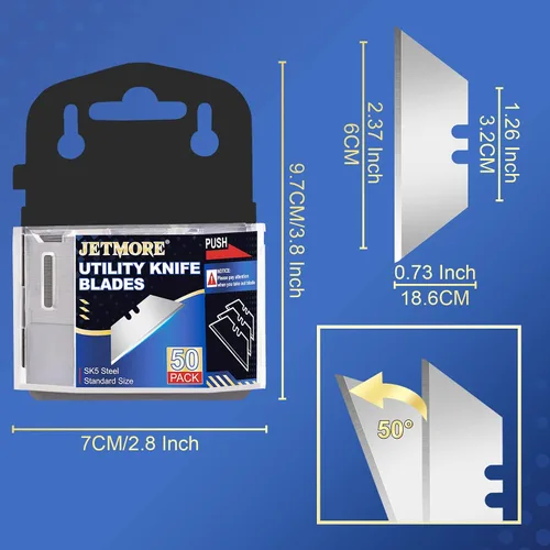 Vista 7 de JETMORE - Hojas de cuchillo utilitario, paquete de 50 hojas para cortador de caja, hoja de acero SK5 de alto carbono, hoja de tamaño estándar