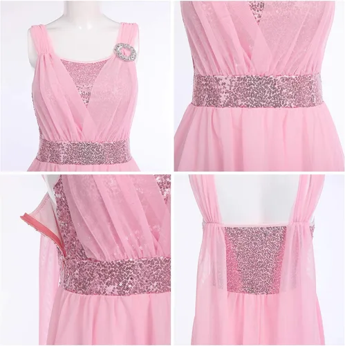 Vista 6 de ODASDO Vestido de baile lírico para mujeres adultas, moderno, contemporáneo, con lentejuelas, tul de malla, falda alta y baja, ropa de baile