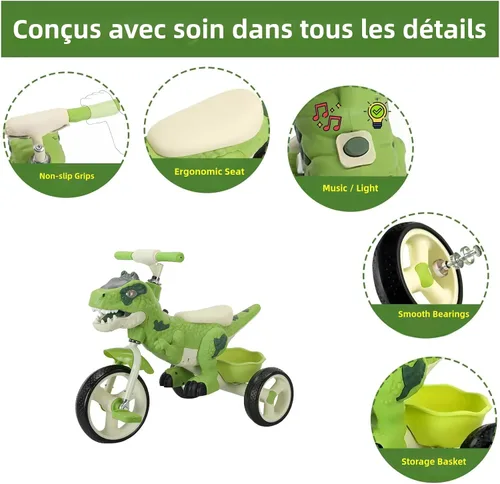 Vista 2 de Triciclo de dinosaurio para niños, triciclo para niños pequeños, rueda grande con música, cesta de almacenamiento, bicicleta para niños preescolares