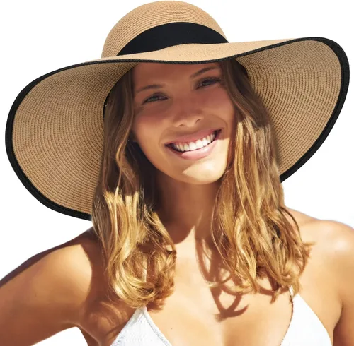 Vista 16 de FURTALK Sombrero de paja para mujer, ala ancha, UPF 80, sombrero de verano, plegable, plegable, flexible, para playa Beige