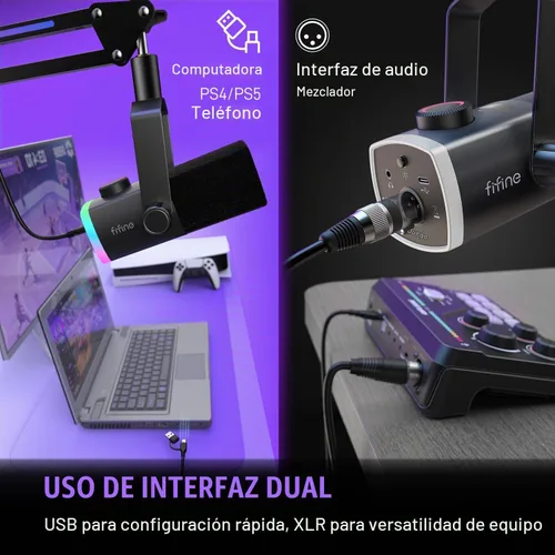 Vista 3 de Kit de micrófono de juego FIFINE, micrófono dinámico XLR/USB para PC con brazo articulado para grabación de podcast, juego de micrófono RGB