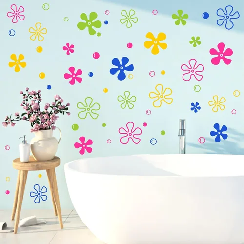 Vista 7 de Calcomanías de pared con burbujas de flores coloridas bajo el mar, océano, calcomanías de pared para despegar y pegar, calcomanías de pared