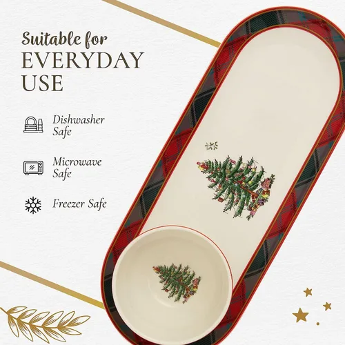Vista 6 de Spode Christmas Tree - Juego de 2 piezas de chips y salsa de tartán – Plato para servir las fiestas de 13 pulgadas con cuenco de inmersión – Borde a