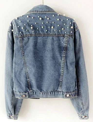 Vista 2 de LifeShe Chaqueta de mezclilla bordada con perlas para mujer