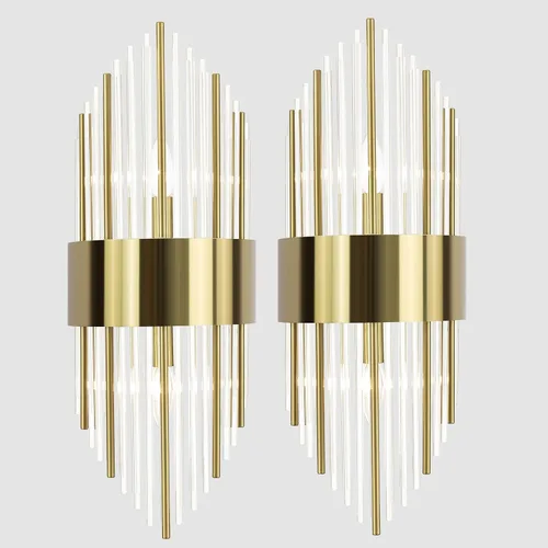 Vista 9 de Juego de 2 apliques de pared de cristal dorado, modernos apliques de cristal de iluminación de 2 luces de latón para pared de baño, pasillo