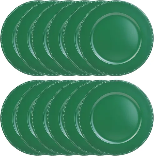 Vista 11 de Juego de 12 platos de carga dorados con cuentas. Cargadores de mesa de plástico reutilizables de 13 pulgadas para platos llanos Dorado beaded