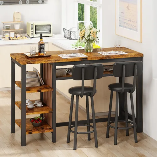 Vista 2 de DKLGG Juego de mesa de comedor para 2, juego de comedor rústico a altura de bar con almacenamiento y taburetes de mostrador, mesa de isla para Marrón