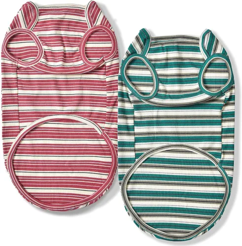 Vista 9 de Camisas para perros, chaleco de algodón a rayas, ropa elástica sin mangas para perros pequeños, paquete de 2 camisetas suaves y transpirables