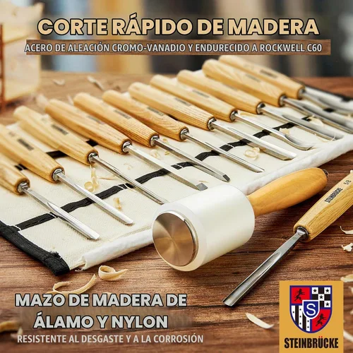 Vista 2 de Kit de tallado de madera, juego de herramientas de tallado de madera de 12 cinceles y mazo con estuche de lona, juego de cuchillos de tallado