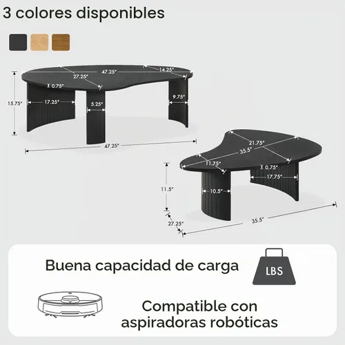 Vista 2 de Hyfirm Juego de mesa de centro anidable irregular negra con patas de madera estriada