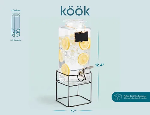 Vista 6 de Kook Glass Drink Dispenser, with Stand, 1 Gallon, Serves 15 Cups, Leak-Proof Stainless Steel Spigot, Beverage Storage for Fridge, for Water, Iced