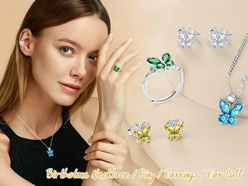 Vista 3 de Aretes de plata de ley con diseño de mariposa para mujeres y niñas, granate, amatista, azul, esmeralda, zafiro, rosa, mariposa, regalo de San