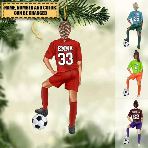 Vista 4 de Adorno de Navidad de Fútbol Personalizado de Nazenti - Adorno de Jugadora de Fútbol para Niñas, Adorno de Navidad de Jugadora de Fútbol
