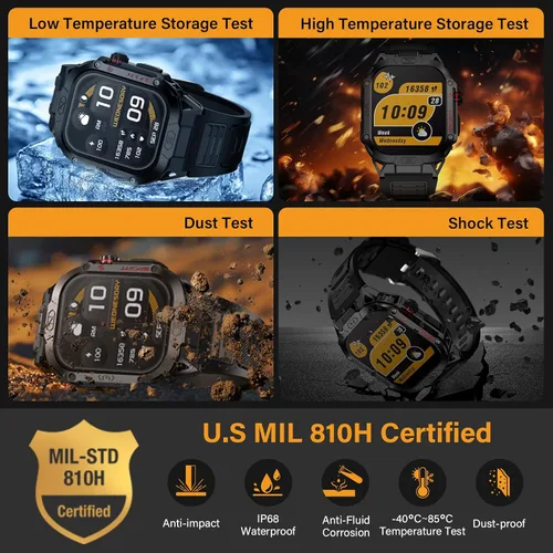 Vista 8 de Reloj inteligente militar para hombre, reloj inteligente deportivo al aire libre de 2.02 pulgadas con linterna, frecuencia cardíaca, oxígeno y Negro