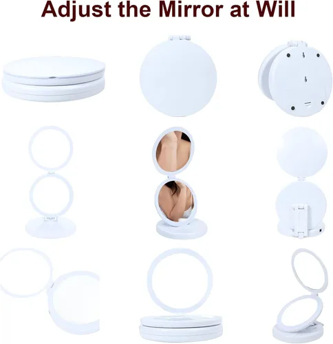 Vista 6 de Espejo de maquillaje iluminado con aumento, espejo de tocador triple con luces LED, funciona con pilas o enchufe USB, aumento 5X, portátil