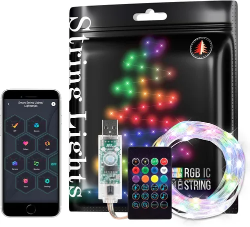 Vista 10 de WS2812B - Guirnalda de luces inteligentes de 33 pies, USB, Bluetooth, con temporizador y control remoto, sincronización de música, modos divertidos