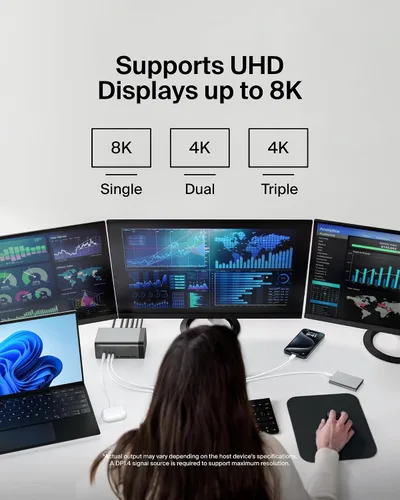 Vista 6 de Belkin Hub USB-C 11 en 1 Pro GaN 150W Triple 4K HDMI Windows, portátiles estación de acoplamiento, USB-A, Ethernet, SD, MicroSD, audio de 0.1 in