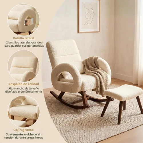Vista 8 de COMHOMA Mecedora para guardería con otomana, mecedora tapizada Beige