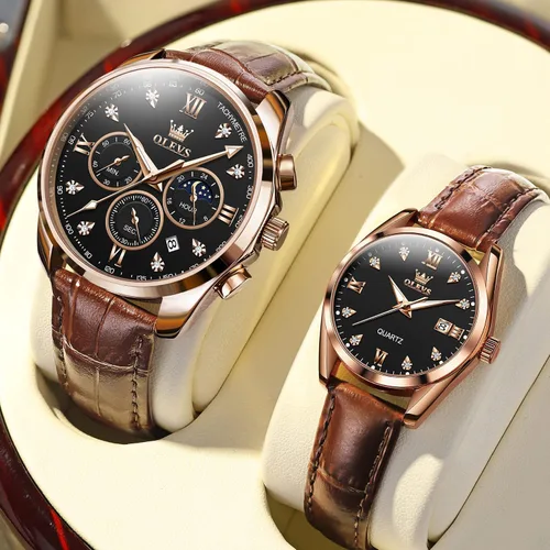 Vista 17 de OLEVS Juego de 2 relojes de cuarzo para parejas de San Valentín, para él y ella, cronógrafo de cuero, con diamantes para hombres, mujeres, amantes