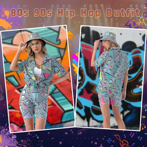 Vista 5 de Traje de los años 80 y 90 para mujer, disfraz de hip hop, blusa con botones, manga corta hawaiana, 6