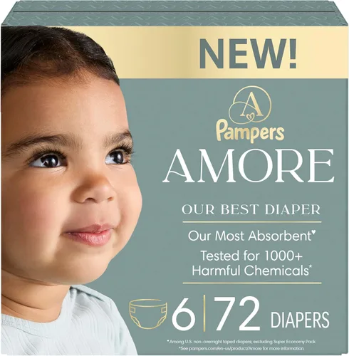 Vista 30 de Pampers Amore, tamaño 0 (hasta 10 libras), 76 unidades, nuestro mejor pañal, hipoalergénico y sin fragancia, hasta 100% a prueba de fugas, suave