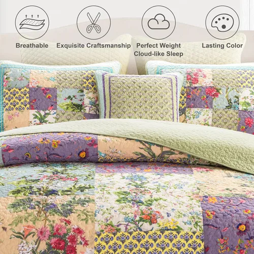 Vista 2 de YAYIDAY FloralQuiltXX 100% Cotton Reversible Breathable Colorful Floral Quilted Quilt with Pillow Shams Fit All Seasons