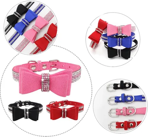 Vista 5 de Collar de perro con diamantes de imitación y lazo ajustable para mascotas, talla XXS, XS, tamaño pequeño, mediano y grande, color rosa, talla XX S