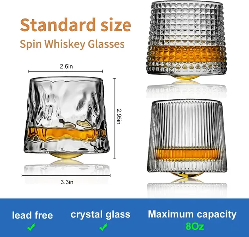 Vista 3 de Vasos de whisky giratorios a la antigua, juego de 2 vasos de rock, vasos de bar para beber bourbon, whisky, cócteles, coñac, tequila, irlandés