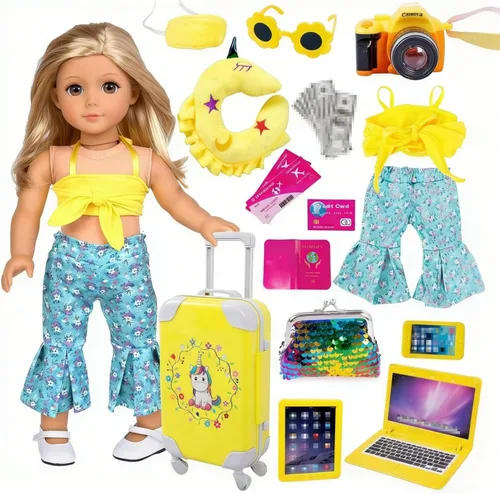 Vista 8 de ebuddy Juego de ropa para muñecas de 18 pulgadas y accesorios de viaje, juego con temática de unicornio para muñecas de 18 pulgadas, incluye Suite