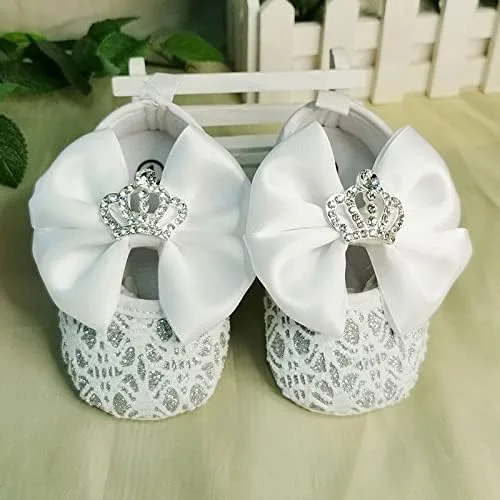 Vista 2 de Zapatos de bebé hechos a mano con diamantes brillantes con diadema, zapatos de cristal para recién nacidos, zapatos de perlas, zapatos