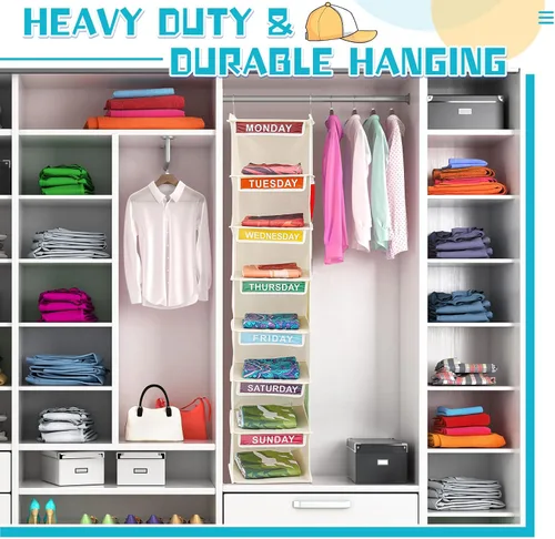 Vista 4 de Amylove Organizador semanal de ropa para niños, 2 piezas, con 7 estantes, organizador colgante de armario de 11.8 x 11.8 x 50 pulgadas, actividades