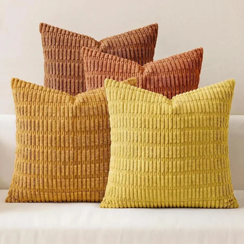 Vista 9 de Juego de 4 fundas de almohada decorativas de pana de 16 x 16 pulgadas, beige y verde Fundas de almohada suaves a rayas estilo bohemio moderno