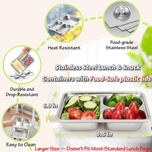 Vista 2 de Recipientes de acero inoxidable con tapas de plástico, 3 unidades, cajas Bento de 3 compartimentos, grandes y reutilizables para preparar comidas