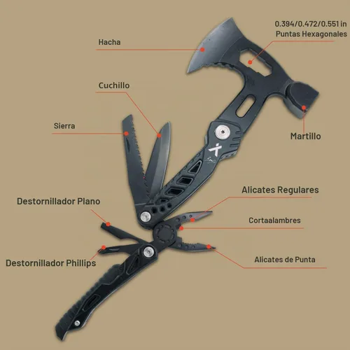 Vista 3 de Bear Grylls Hacha Multiherramienta Martillo – Con cuchillo, abrebotellas, hacha, funda de nailon, sierra, destornillador, silbato – táctico