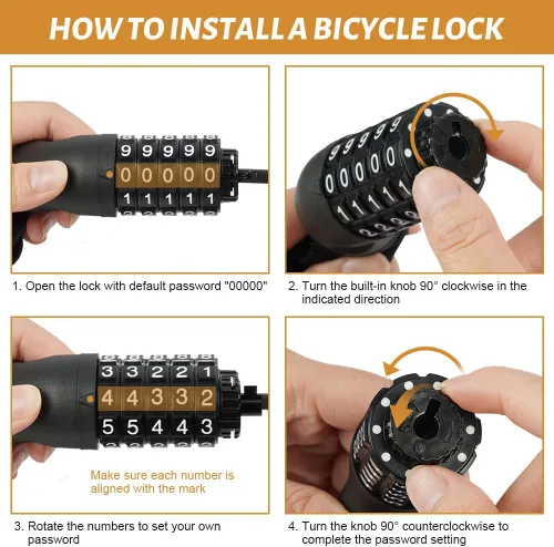 Vista 6 de Ainiv Candado para bicicleta, 2.62/3.28/4 pies de largo, resistente, antirrobo, combinación de 5 dígitos, cerraduras de bicicleta sin llave