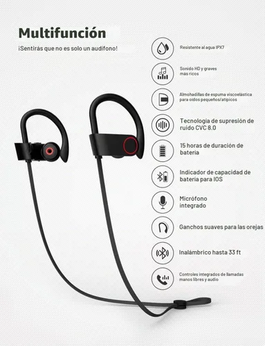 Vista 2 de Auriculares Bluetooth, auriculares inalámbricos IPX7, impermeables, 15 horas de reproducción, con micrófono, sonido estéreo HD, a prueba de sudor