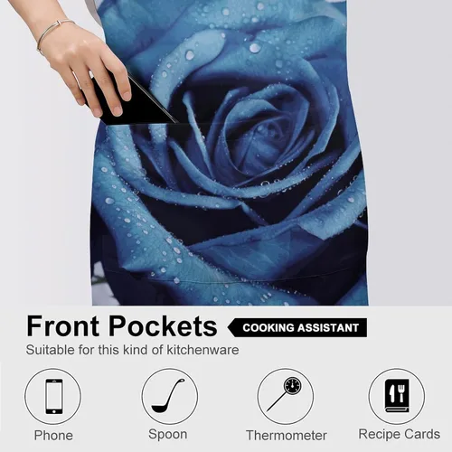 Vista 5 de MUSM Blue Rose Blooms Apron，Classic Vintage Funny with Pockets Aprons,Adjustable Bib Waterdrop Resistant for Kitchen Cooking Restaurant BBQ Painting