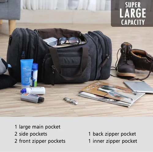 Vista 6 de Bolsa de viaje para hombre (lona, bolsa de fin de semana), Negro), A-001