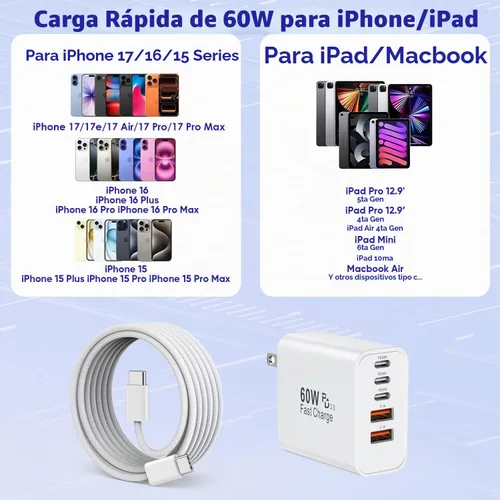 Vista 3 de Bloque de carga rápida para iPhone 17/16, paquete de 2 bloques de carga USB de 60 W, adaptador de carga de 5 puertos para Apple iPhone cargador