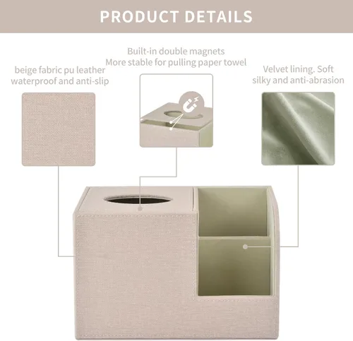 Vista 6 de Funda de caja de pañuelos de cuero PU cuadrada, Soporte de caja de pañuelos multifuncional, Caja de pañuelos con almacenamiento, Soporte de pañuelos
