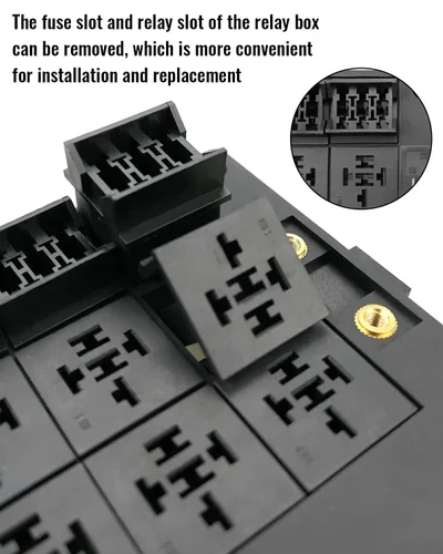 Vista 4 de Caja de relé de fusibles de 12V con 15 fusibles y 10 relés y terminales, 15 ranuras para fusibles y 10 ranuras para relés de 4/5 pines, soporte