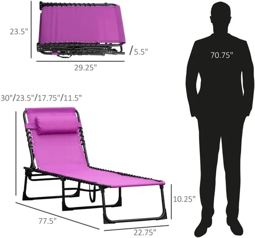 Vista 3 de Folding Chaise Lounge Chair, 4-Position Recliner with Pillow, Purple
