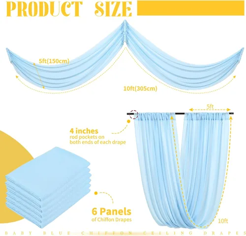 Vista 2 de 6 paneles de cortinas de techo azul bebé para boda, cortinas de techo de 5 pies x 10 pies, tela de drapeado para arco de boda, cortinas